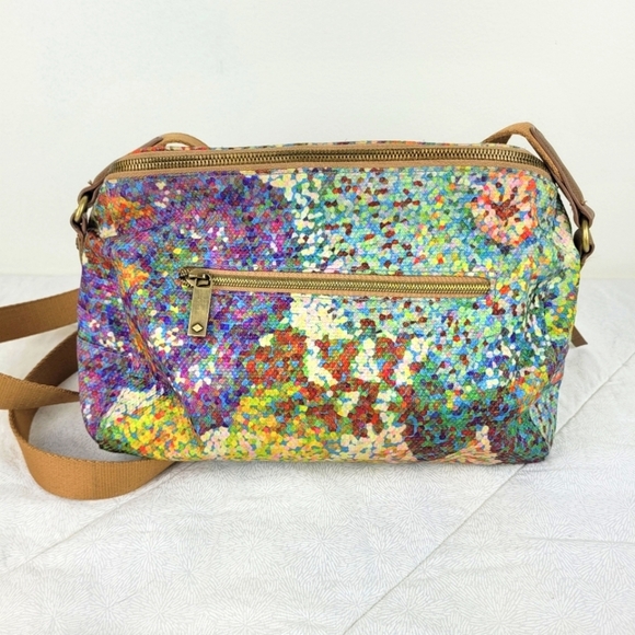 Oilily multi color artsy canvas bag  tan adjustable canvas strap blue pocket OS - Picture 2 of 16